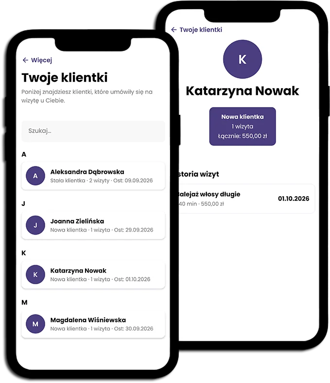 Ekrany listy klientek i historii wizyt w aplikacji Glamdo