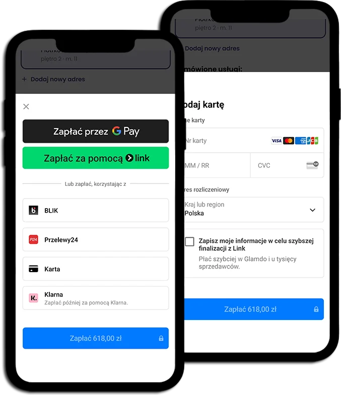 Ekrany bezpiecznej płatności za wizytę w aplikacji Glamdo
