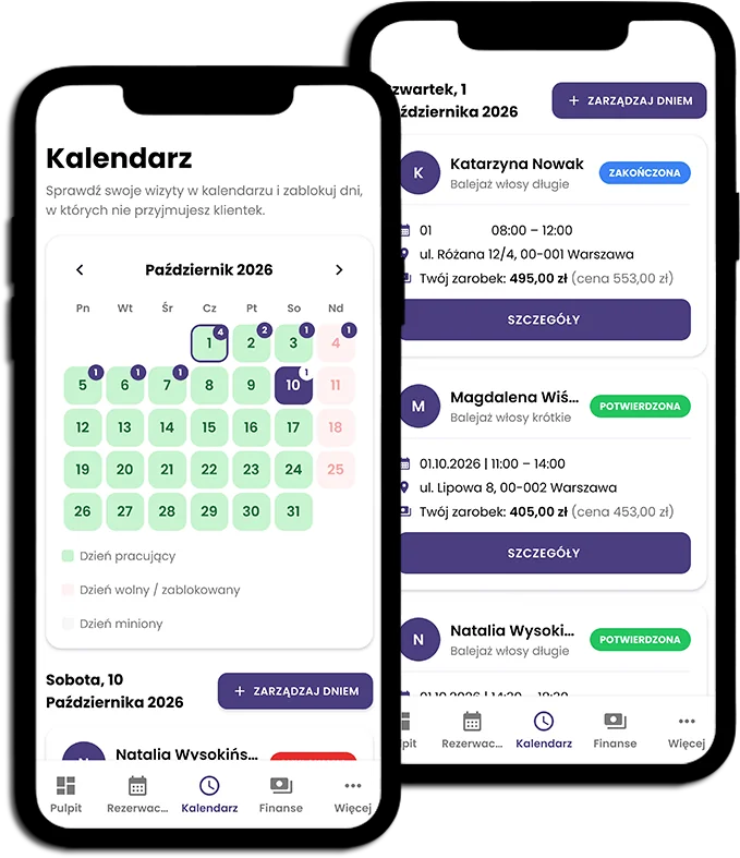 Ekrany kalendarza stylistki w aplikacji Glamdo