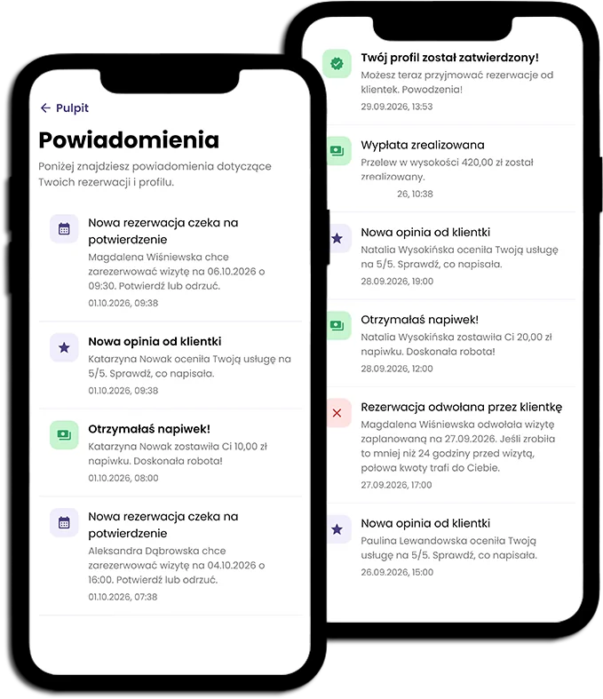 Ekrany powiadomień stylistki w aplikacji Glamdo